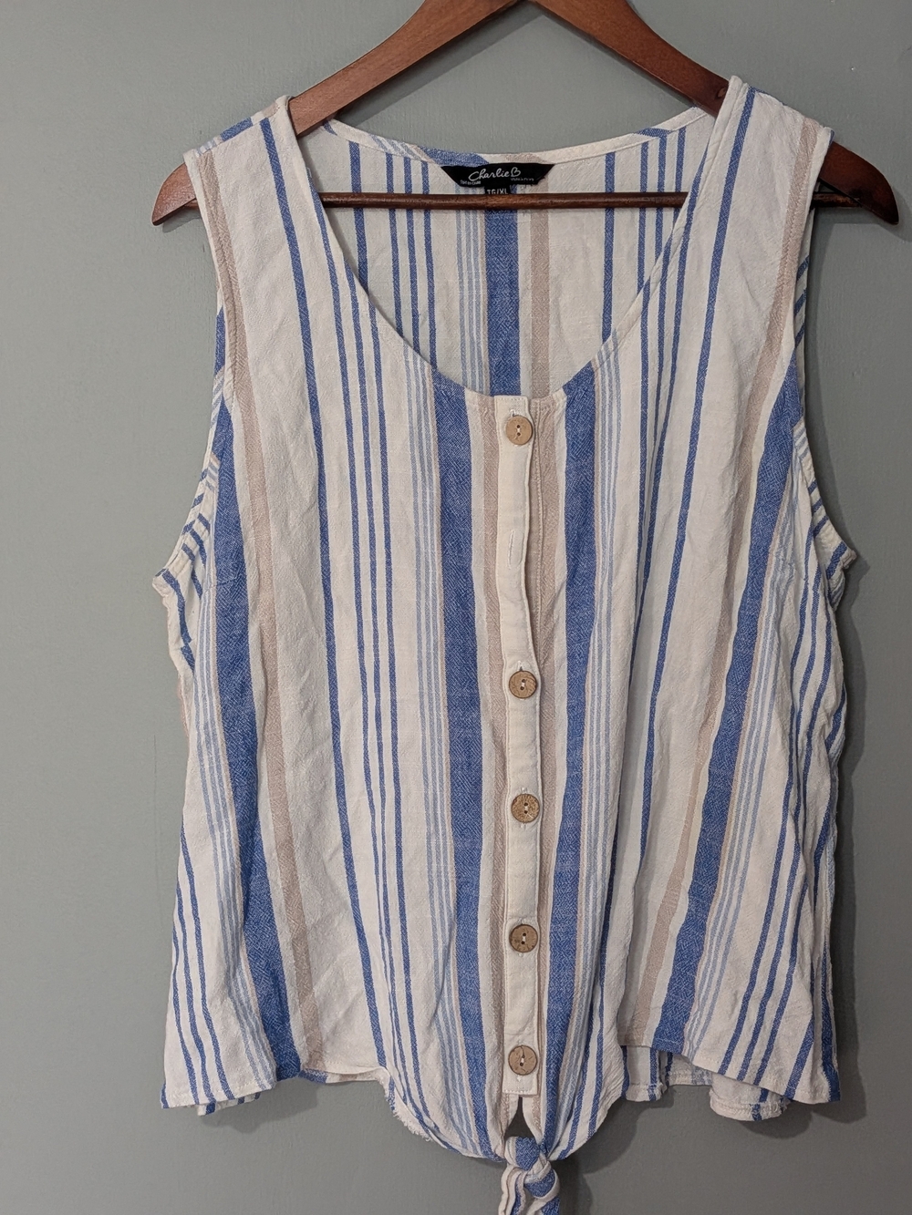 Charlie B Women's Linen Blend Blue White Striped Button Front Tie-hem Tank